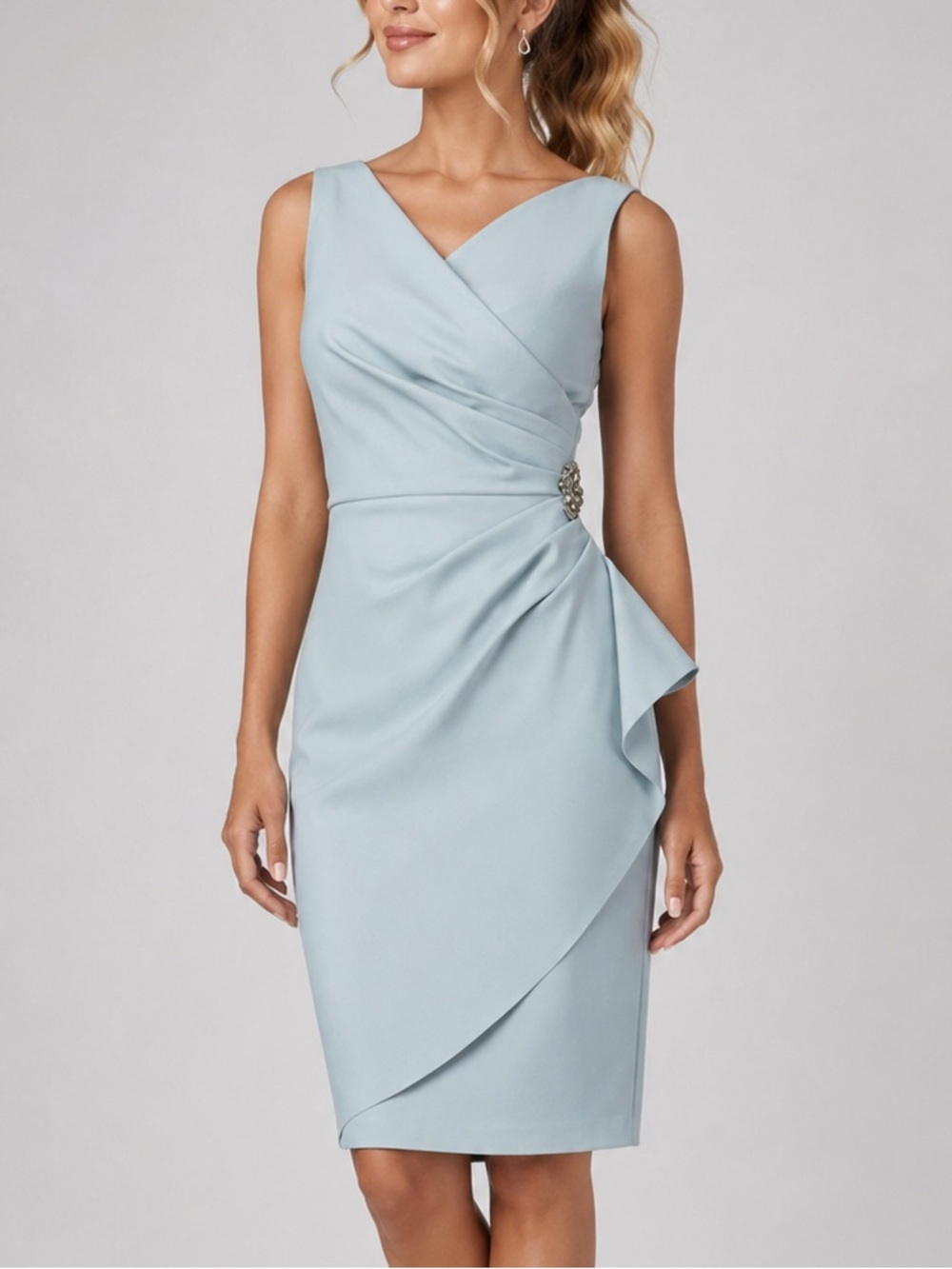 🆕 💎✨ Alex Evenings Light Blue Draped Sheath Dress Jeweled Accent Size 4 Party
